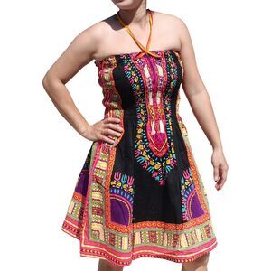 Raanpahmuang Smock Bust Open Shoulder Dashiki Colour Halter Strap Dress Or Skir